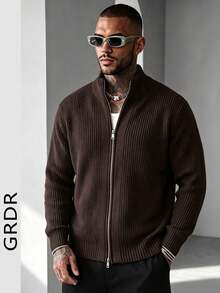 GRDR Men's Crew Neck Long Sleeve Double-Zipper Cardigan Sweater, Versatile For Daily Wear - Coffee Brown - View 3