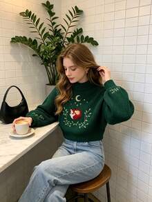 Women's High Neck Solid Color Loose Short Knit Sweater, Fox Moon Star Embroidery, Soft Comfortable Autumn/Winter Versatile Top - Green - View 7