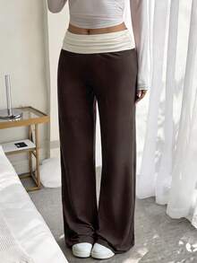 SCARLUX Summer & Autumn Y2K Women's Solid Brown Flare Pants, Folded Low Waist Casual Long Pants, Suitable For Back To School Streetwear - Brown - View 9
