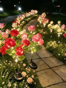 1pc 5-Head Solar Rose Lights, Outdoor Garden Decoration, Ground Stake Lawn Lights, LED Artificial Flower Lights, Solar Decorative Lights, Suitable For Yard, Patio, Landscape, Pathway, Lawn, Sidewalk (Pink, White, Blue, Yellow, Red, Purple) Holiday Party Decoration Lights - X7-5-head Rose - View 5