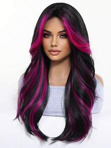 Topshe Ava WIGS 24英吋紅色挑染長波浪假髮，附簾幕瀏海，免膠水耐熱合成纖維無蕾絲假髮，女款黑色混紅長波浪假髮，適合日常穿戴、派對、Cosplay，多色假髮，完美的萬聖節女性禮物 - 紫色 - 查看 6