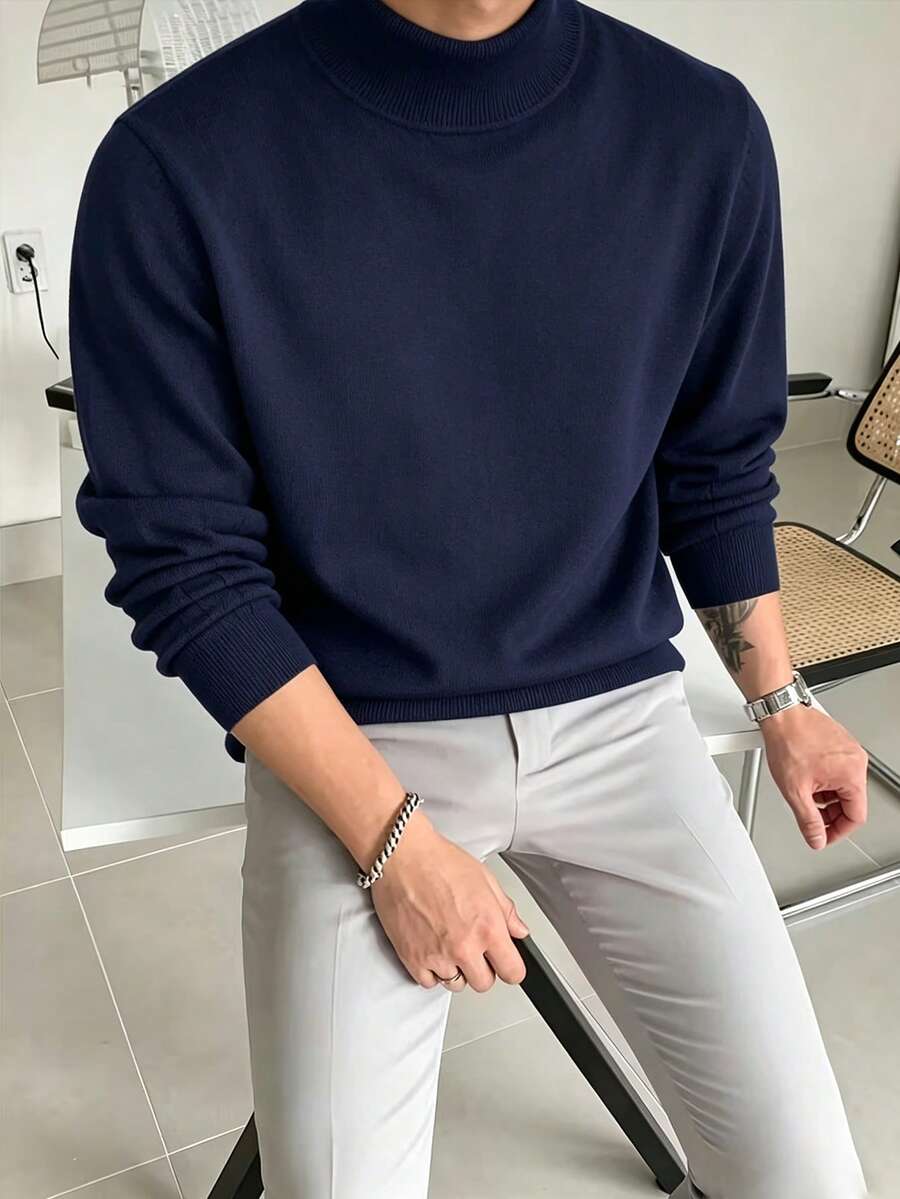 男士休閒素色高領毛衣,秋冬款 - 藏蓝色 - 查看 1