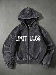 【Simple】男士復古做舊紋理水洗拉鍊連帽衛衣，可機洗布料，印花衛衣，秋冬服飾 - 黑色 - 查看 4