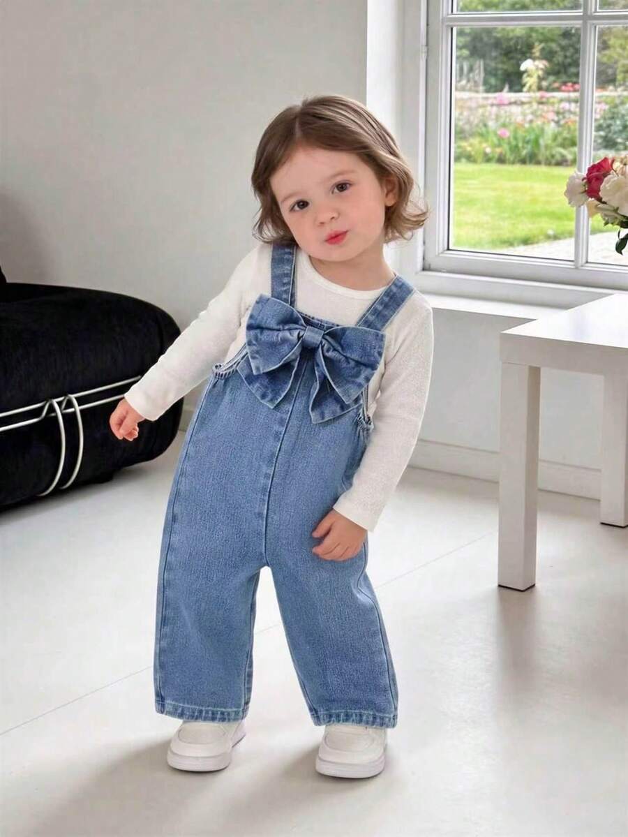 Toddler Girls Denim Overall Bow Front Wide Leg Jumpsuit Cute Baby Casual Outfit - Medium Wash - View 1