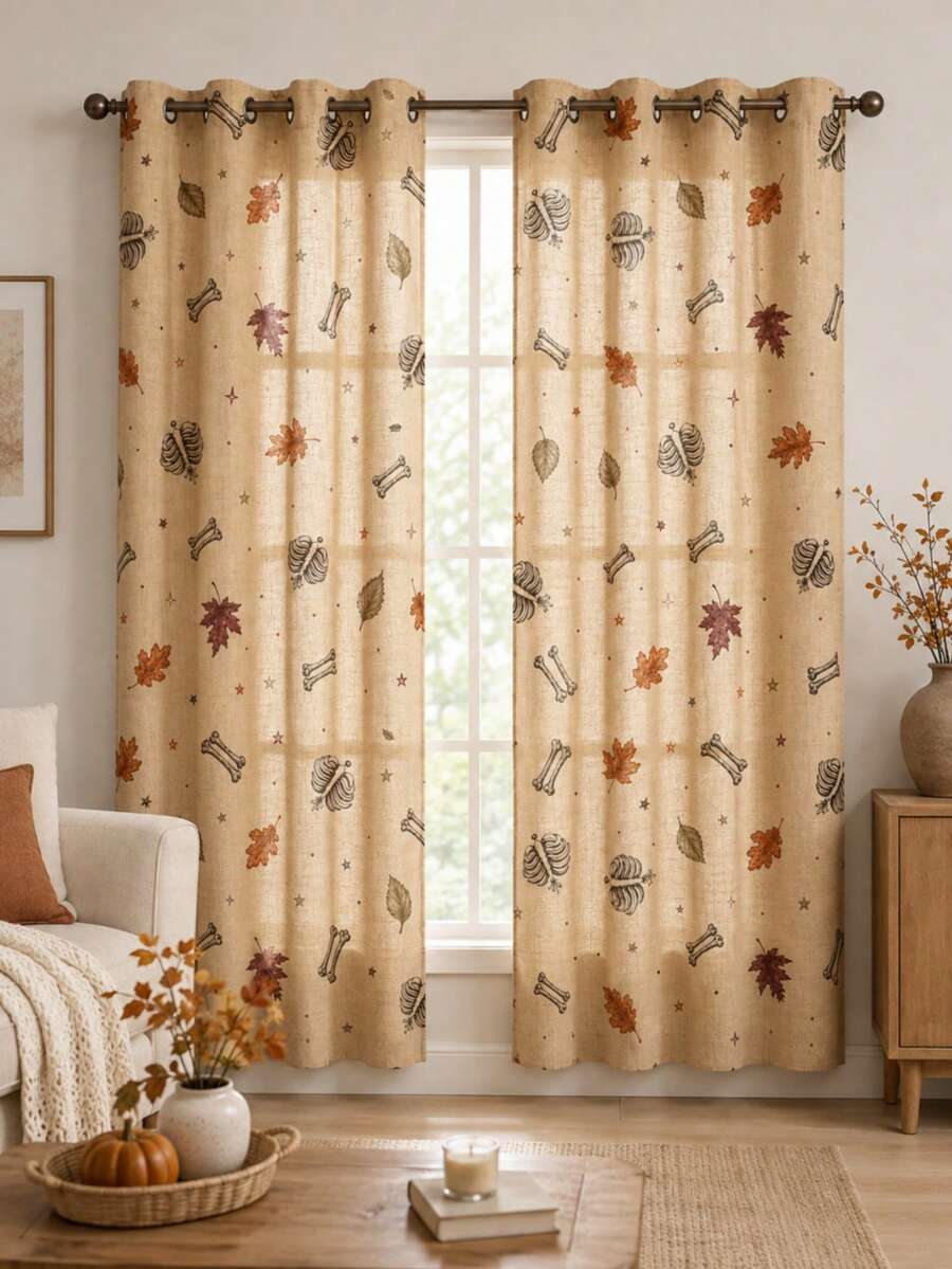 NOSBEI 2PCS Grommet Panels + 3PCS Rod Pocket Kitchen Set, Halloween Pumpkin, Bone And Maple Leaf Faux Linen Curtains, Light Filtering, Rustic Autumn Farmhouse Window Decor - Multicolor - View 1