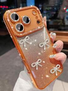 Luxury Cute Glitter Rhinestone Bow Camera Protection Phone Case Compatible With Iphone 17 Promax 17 Pro 17 16 Promax 16 Pro 16 15 Pro Max 15 Pro 15 14 13 17Air Girls Ladies Wavy Edge Soft Case Gift - Orange - View 24
