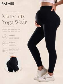 Maternity Seamless Solid Color High Waist Ribbed Waist Yoga Pants Leggings, Basic Slim Fit Sports Long Pants - Black - View 1