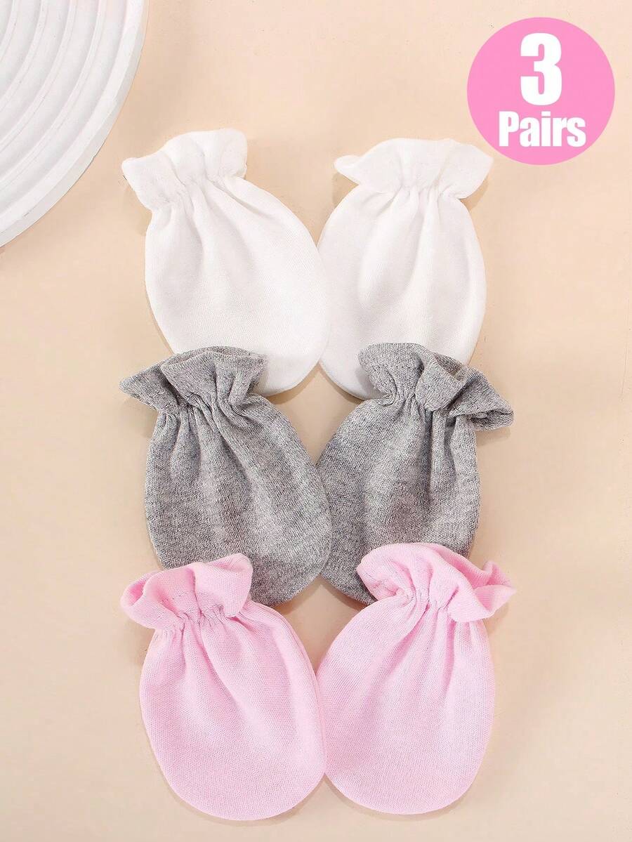 3 Pairs Newborn Solid Color Anti-Scratch Mittens, Soft Breathable Pure Cotton Elastic Cuff Anti-Scratch Mittens, Suitable For Baby Boys And Girls Daily Sleep And Home Use - 3Pcs - View 1