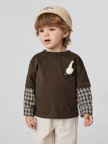 mini bala Autumn Winter Boys Loose 2 In 1 Long Sleeve Tee Adorable Plush Toy Detail Fun Kids Base Top - Dark Coffee - View 1
