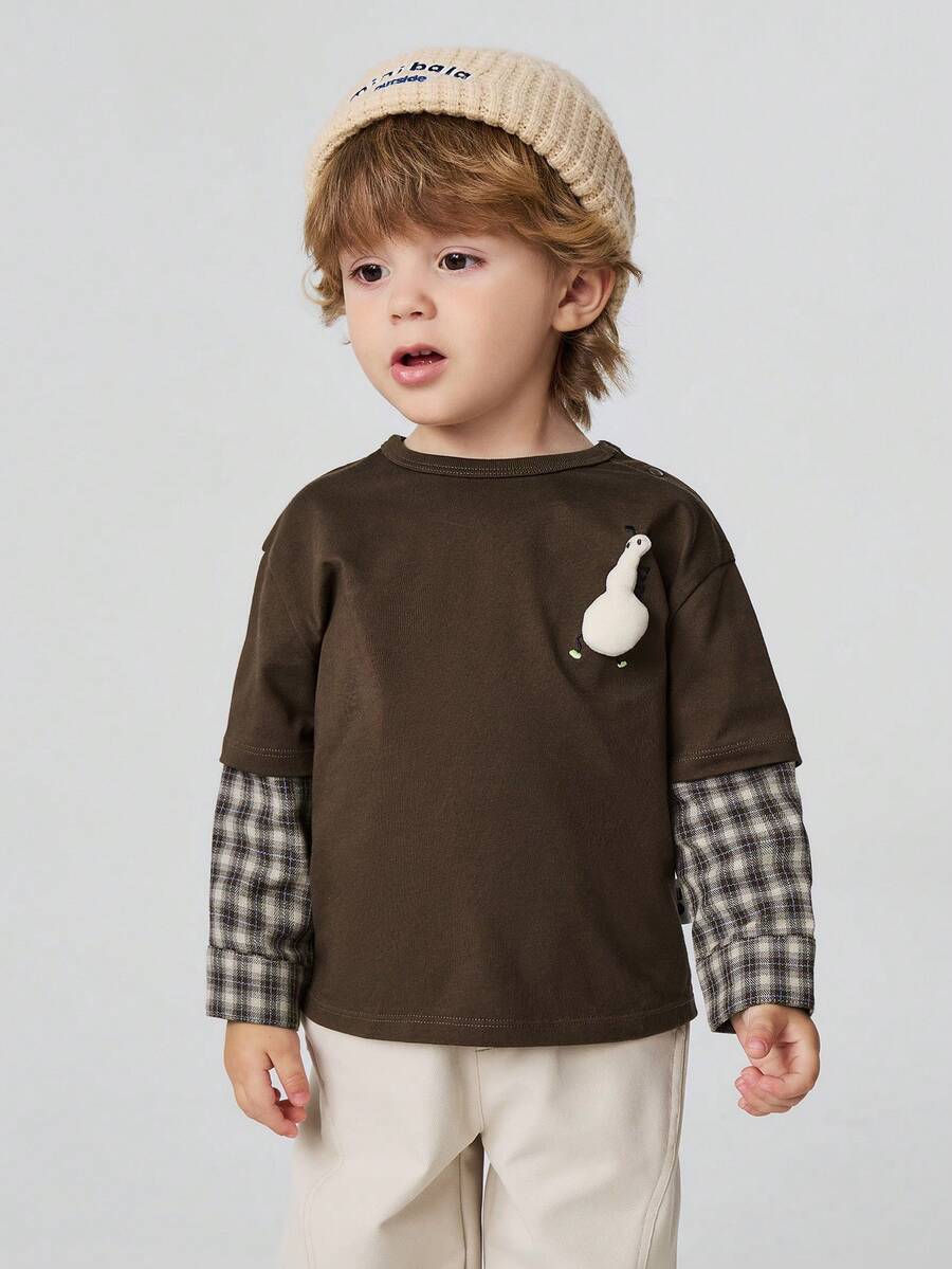 mini bala Autumn Winter Boys Loose 2 In 1 Long Sleeve Tee Adorable Plush Toy Detail Fun Kids Base Top - Dark Coffee - View 1
