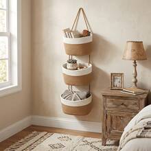 3-Tier Bohemian Neutral Color Hanging Basket - Woven Rope Wall Storage Rack With Space-Saving Vertical Storage, Bohemian Style, Suitable For Bathroom, Nursery, Kitchen, Bedroom - Multi-Room Hanging Storage Bin For Towels, Utensils - Multicolor - View 5