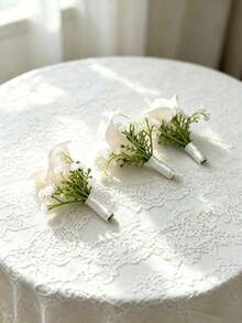 1pc/3pcs/6pcs Elegant White Calla Lily With Artificial Greenery Mori Style Corsage Set, Suitable For Groom, Bride, Wedding Decor, Evening Party, Anniversary - White - View 6