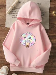 Girls' Autumn Pullover Sweatshirt, Cute Rainbow Bubble Tea Cartoon Front Print, Loose Long Sleeve Casual Top - Pink - View 3