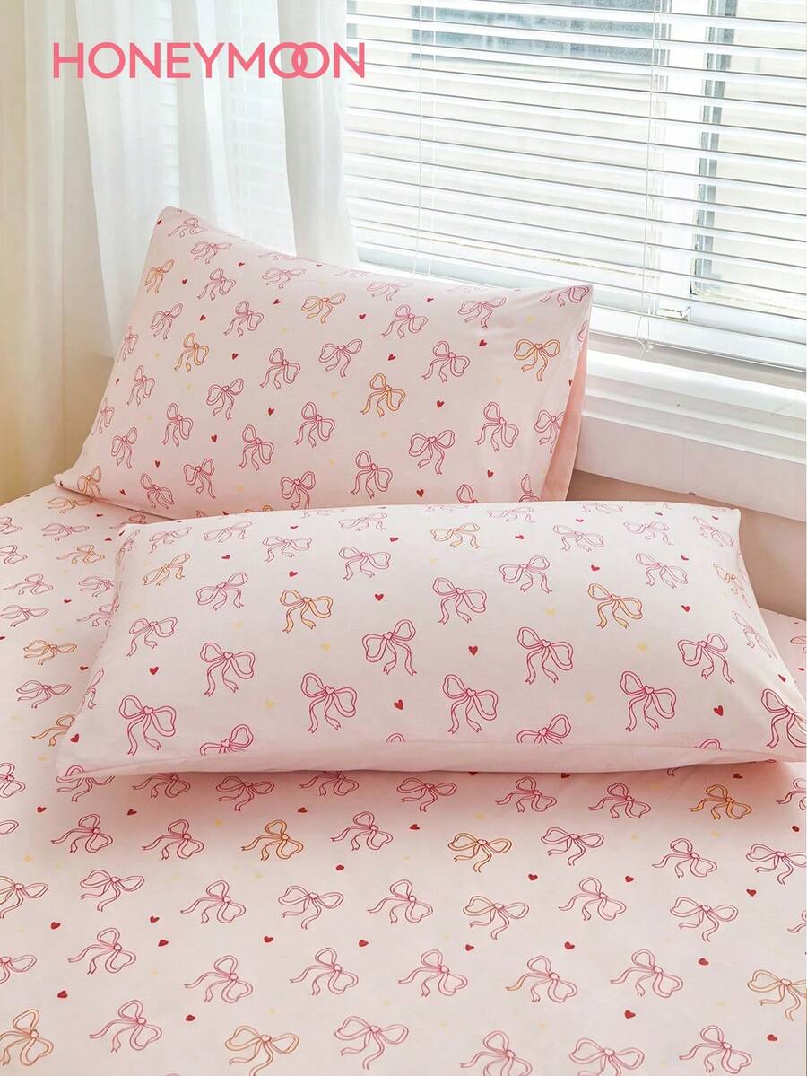 1pc Cute Romantic Pink Bow & Heart Print Pillowcase, Soft Fabric, Suitable For Home, School Dorm, Sofa Cushion Cover, Car Pillowcase, All Seasons - Multicolor - View 1