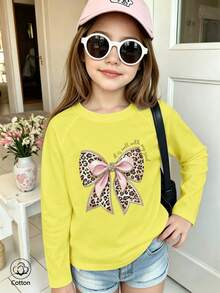 Girls Cotton Twill Long-Sleeved T-Shirt, Autumn/Winter Style, With Leopard-Print Bow Design, In A Cute And Sweet Preppy Style - Bright Yellow - View 2