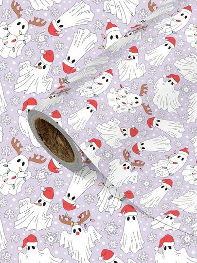 1 Rolle Weihnachtsgeschenkpapier mit Geistermuster, das Weihnachtsmannmützen trägt; perfekt für Weihnachtsgeschenkverpackung, Feiertagsparty-Dekoration, festliche Heimdekoration, DIY-Basteln, festliche Geschenkverpackung. Maße: 43 cm x 300 cm.