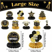 9Pcs Black Gold Happy Birthday Honeycomb Table Centerpieces Glitter Cake Crown Gift Box Champagne Balloon Star Cutouts Mult‑Age Birthday Party Table Decor Supplies - X260817E - View 3