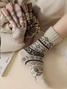 1/3/5 Pairs Vintage Thickened Wool Blend Warm Mid-Calf Socks, Suitable For Daily Wear Or Gifting, Autumn/Winter Style - Multicolor - View 2