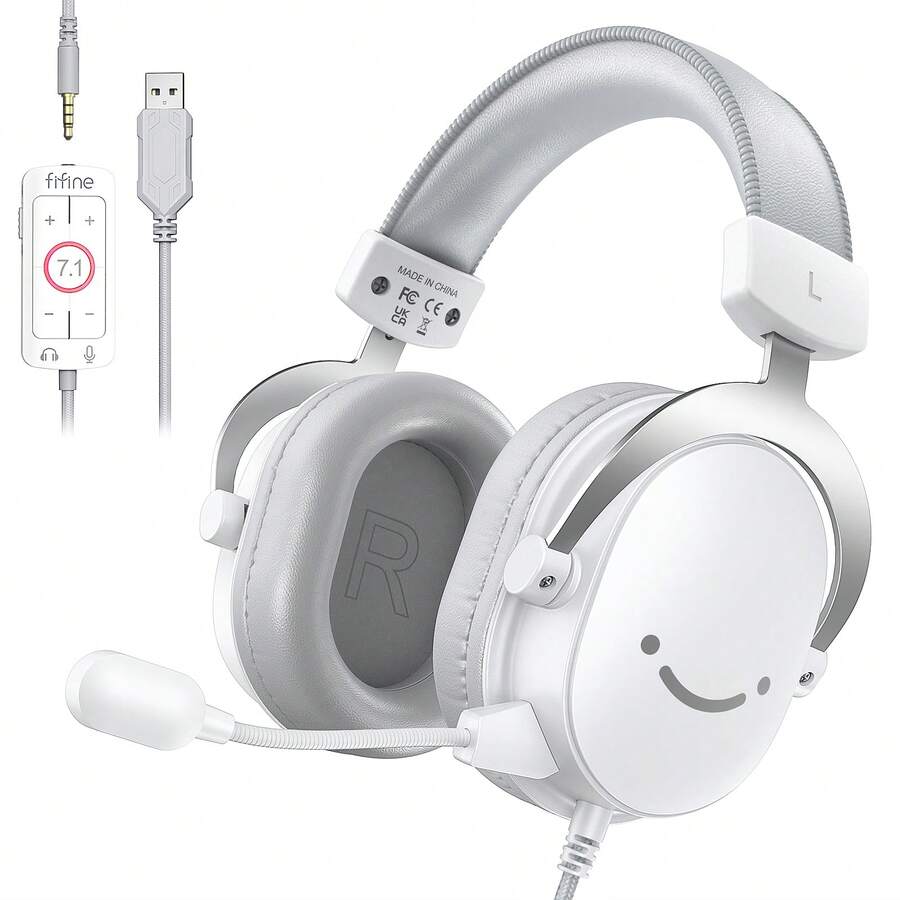 FIFINE H9 White Wired Over-Ear Headphones, 7.1 Surround Stereo, Detachable Microphone, Volume Control, Passive Noise Cancelling, Compatible With PC, Gaming Consoles, Switch