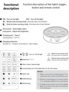 3/1pc Magnetic RGB Sensor LED Puck Light, USB Rechargeable Under Cabinet Night Light, 1200mAh Wireless Adhesive Light, Suitable For Wardrobe, Cabinet, Bedroom Decoration - Rechargeable Motion Sensor Cabinet Light - View 9