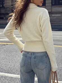minisummer Women Elegant Fall Off White Wrap V Neck Knit Sweater, Long Sleeve Ribbed Hem Cropped Fitted Pullover, Fall Clothes For Women - White - View 2