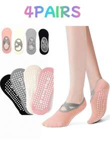 1/3/4 Pairs Women's Non-Slip Yoga Socks, Pilates Grip Socks With Cross Strap Design For Breathable Fit And Flexible Support, Suitable For Yoga, Pilates, Ballet, Dance, Studio Workout Grip - Multicolor - View 11