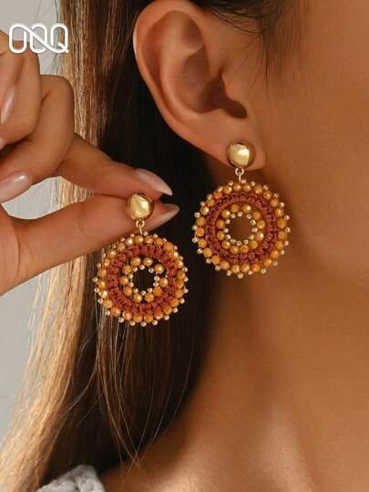 OOQ 1 Pair Bohemian Style Hollow Geometric Round Seed Bead Earrings, Handmade Y2K Personalized Design Women's Versatile Earrings, Suitable For Daily Wear, Holidays, Commuting, Dating And Any Festival Gift