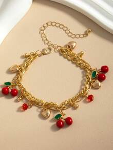 1 Sweet And Cute Cherry Alloy Heart Bow Pendant Adjustable Bracelet Necklace - Gold - View 2