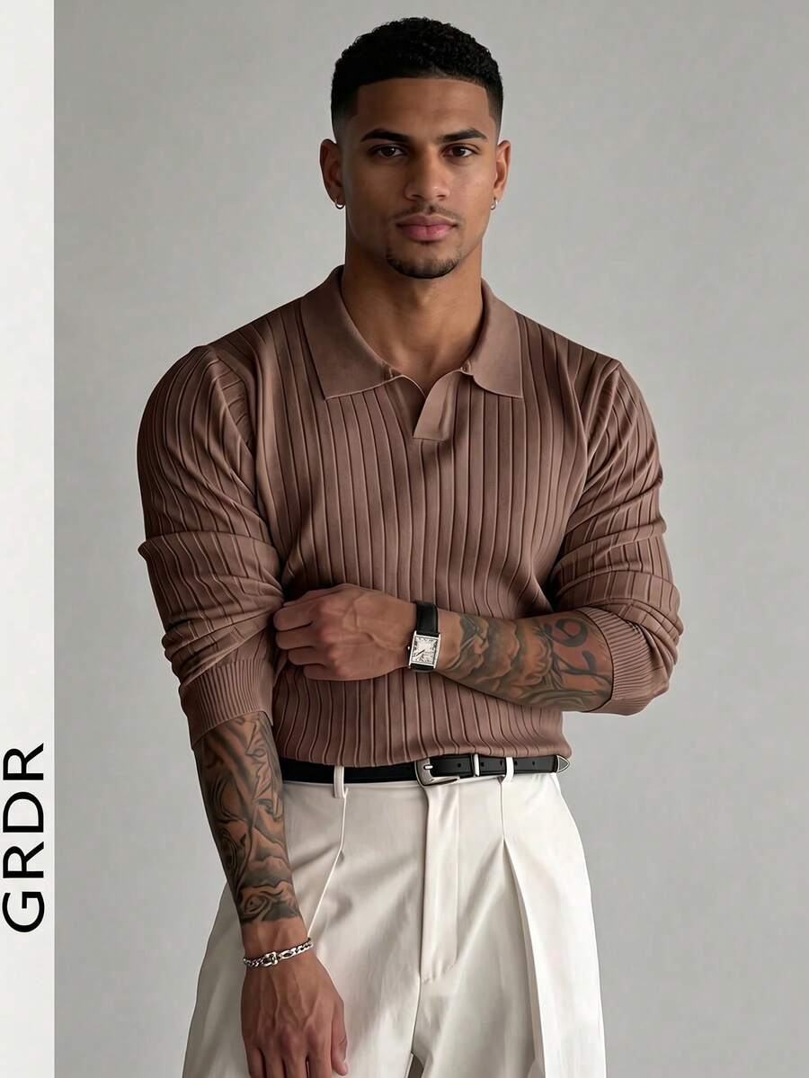 GRDR Men's Ribbed Collar Long Sleeve Knit Sweater, Casual Versatile Outerwear - Coffee Brown - View 1