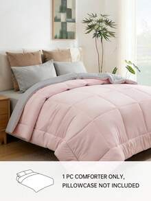 1pc Honeymoon Style Square Stitching Polyester Velvet Dual-Color Reversible Quilt, Soft And Breathable Material, Wrinkle-Resistant, Alternative To Down Comforter, Suitable For Home And Dorm, Size T/F/Q/K - Baby Pink - View 2