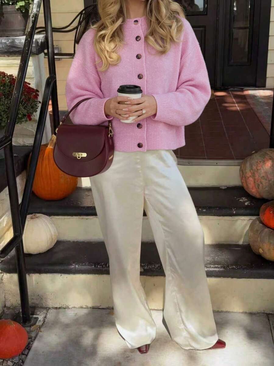Women's New Autumn Round Neck Long Sleeve Knit Sweater Cardigan, Soft Casual Daily Commute College Style - Pink - View 1