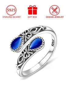S925 Sterling Silver Vintage Distressed Blue Cat's Eye Stone Open Ring, Vintage Carved Adjustable Band - Silver - View 5