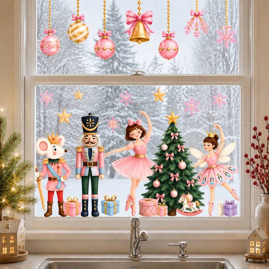 Nutcracker Christmas Window Stickers, Ballet Girl Snowflake Christmas Tree Window Stickers, Pink Holiday Static Cling Glass Decals, Christmas Home Decor - Christmas Soldier - View 1