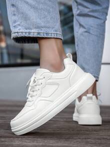 Men's Minimalist White Low-Top Skateboard Shoes, Comfortable Thick Sole Lace-Up Casual Sneakers For Daily Wear, Commuting, Travel, Gathering And Sports - White - View 9