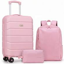 3 Piece Suitcase Set ABS Hard Shell Lightweight Small Cabin Suitcase, Carry On Luggage With Travel Backpack, Double Spinner Wheels For Man, Woman-Pink - Light Pink - Backpack - View 1