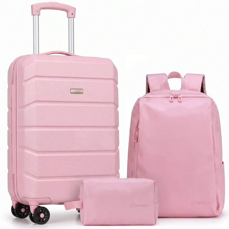 3 Piece Suitcase Set ABS Hard Shell Lightweight Small Cabin Suitcase, Carry On Luggage With Travel Backpack, Double Spinner Wheels For Man, Woman-Pink - Light Pink - Backpack - View 1