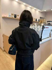 Women's Black Woven Lapel Trench Coat, Loose Drop Shoulder, Double-Breasted Design, Regular Length For Autumn/Winter - Black - View 7