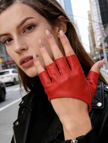 1 Pair Set Burnt Orange Brown Open Finger Slanted Cuff PU Gloves - Red - View 6