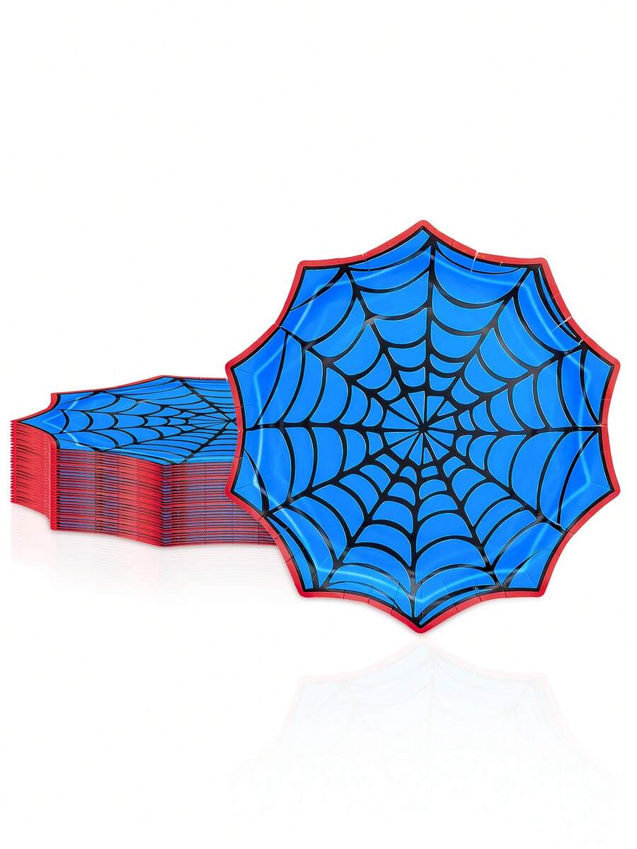 12/24/48pcs Spider Web Paper Plates, Blue & Red Spider Web Shaped Disposable Plates, Spider Theme Party Supplies, Halloween Party Tableware, Suitable For Birthday Celebration, Costume Party, Horror Gathering, Cake Dessert Snack Serving Table Decoration - Spider Web - View 1