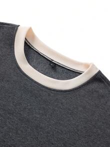 Camvyn Men's Autumn/Winter Casual Versatile Patchwork Loose Drop Shoulder Crew Neck Sweatshirt - Dark Grey - View 3