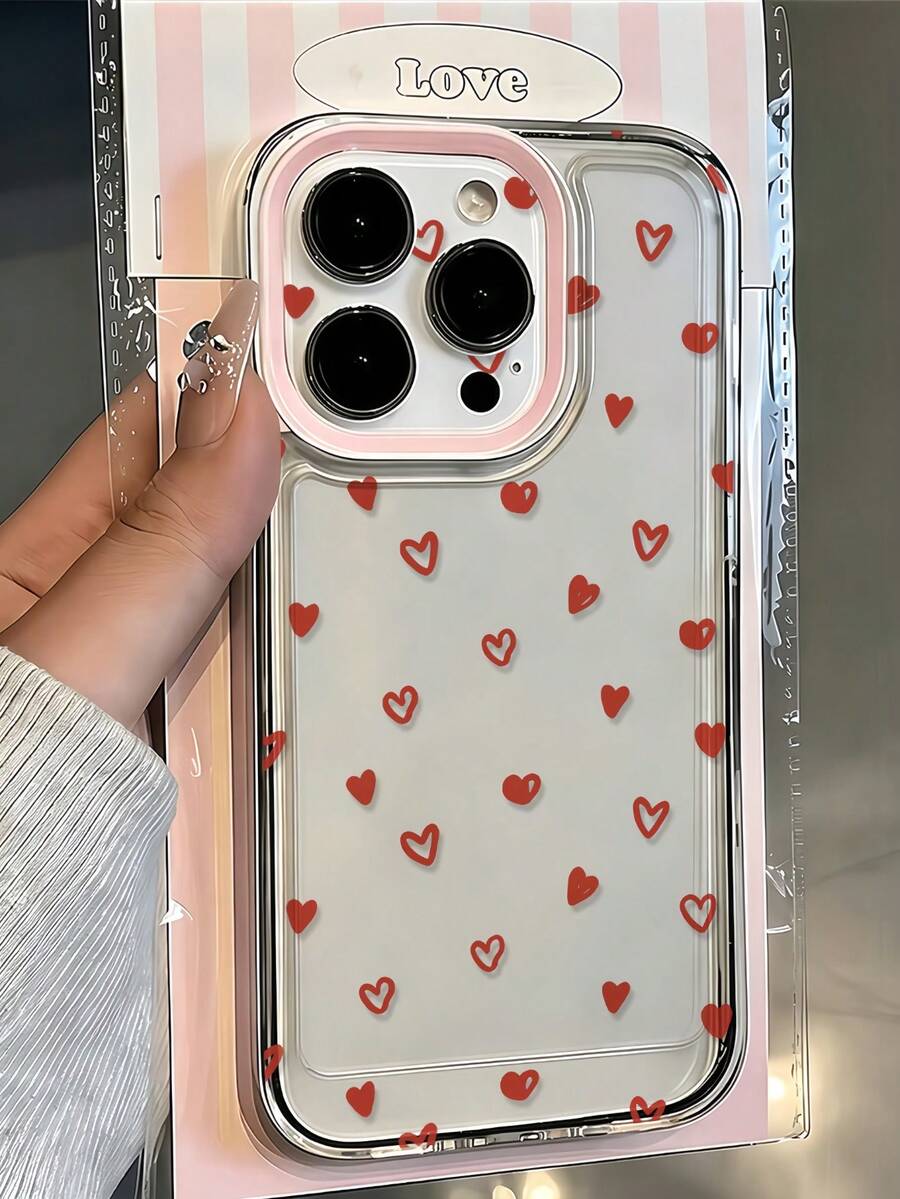 1pc Transparent Hand-Painted Red Heart Pattern Phone Case Personalized Compatible With Iphone 16 Pro Max/17/16/15/14 Plus/13/12/11 Protective Shell Air - Multicolor - View 1