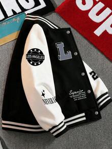1pc Tween Boys Fashion Letter Print Color Block V-Neck Pullover Sweatshirt Jacket, Autumn/Winter - Black - View 7