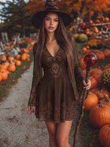 2027.Women's Gothic Elegant Black Halloween Witch Long-Sleeve Mini Dress With Mesh Print - Brown - View 8