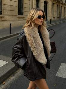 MUMRAP Women's Casual Detachable Faux Fur Collar Loose Fit Long Sleeve Jacket, Street Fashion Brown Fall - Brown - View 4