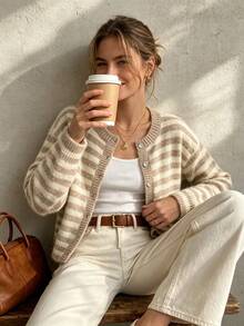 Women's Round Neck Contrast Color Striped Button Soft Casual Fashion Versatile Knit Long Sleeve Cardigan Sweater, Daily Vintage Street Style - Multicolor - View 6