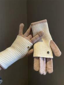 1 Pair Cute Winter Dual-Use Colorblock Wool Women's Gloves, Fingerless, Touchscreen Compatible, Warm, Cycling, Student - Multiple Styles - View 4