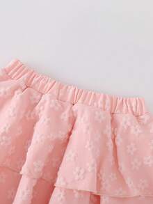 Girls Sweet Cute 2 Pieces Set, Bow Spaghetti Strap Shoulder Strap Lapel Long Sleeve Top With 3D Floral Double Layer Ruffle Skirt, Princess Style Outfit - Pink - View 4