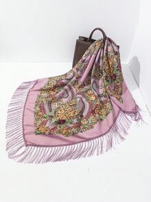 1pc New Women's Vintage Floral Print Shawl Scarf With Tassels, Woven Fabric - Multicolor - View 2