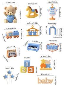 1pc Blue Bear Theme Cake Topper, Rocking Horse Train Blocks Decoration, Baby Birthday Dessert Table Accessory, Baby Shower Decoration - Multicolor - View 9