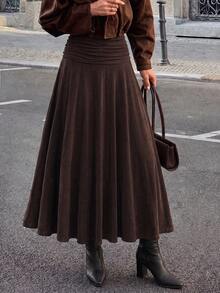 Women's Solid Color Pleated Casual Versatile Daily Wear Skirt - Brown - View 1